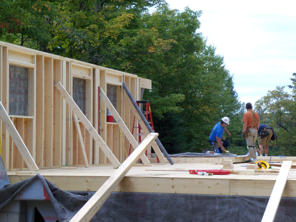 Two carpenters in the process of building and standing wood-frame walls for a cottage in Muskoka.