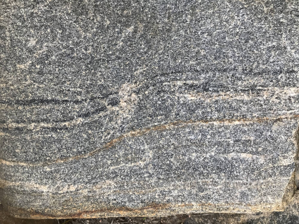 Beautiful grains in grey, black and speckled white decorate the face of a piece of natural granite stone in Muskoka's landscape.