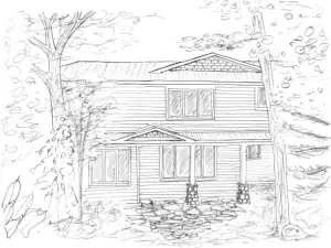 A hand-drawn sketch shows the proposed cottage design peeking through existing mature trees on the building site that the Owners prioritized for protection.