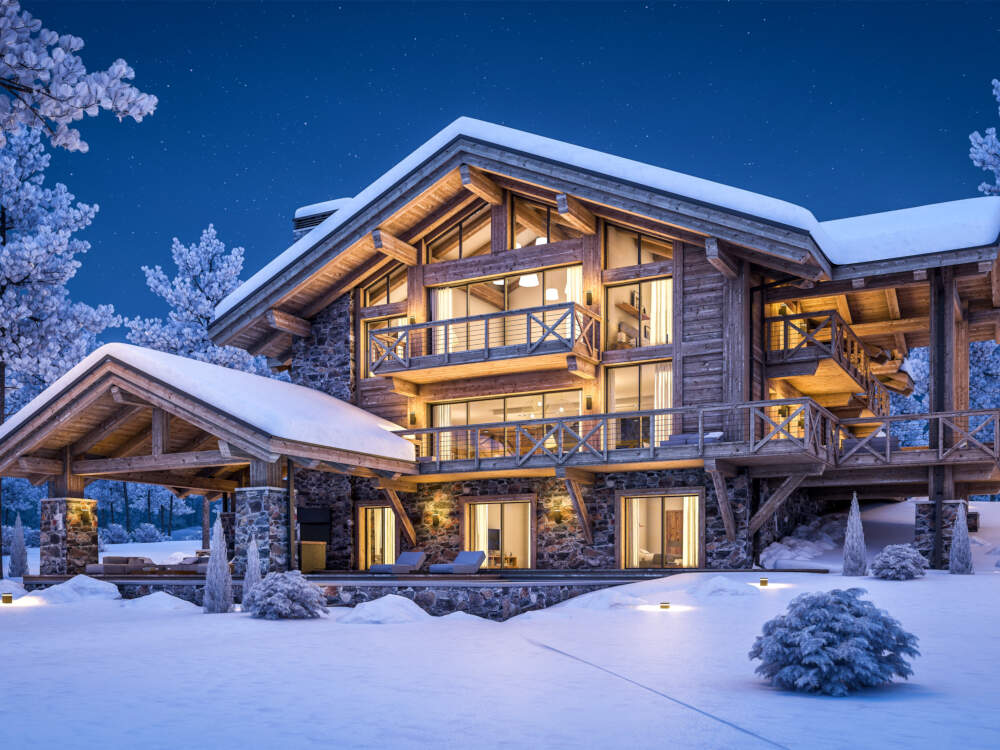 A large mountain-style home that draws on traditional Swiss/Austrian mountain chalet architectural forms is framed in solid timber and stone masonry.