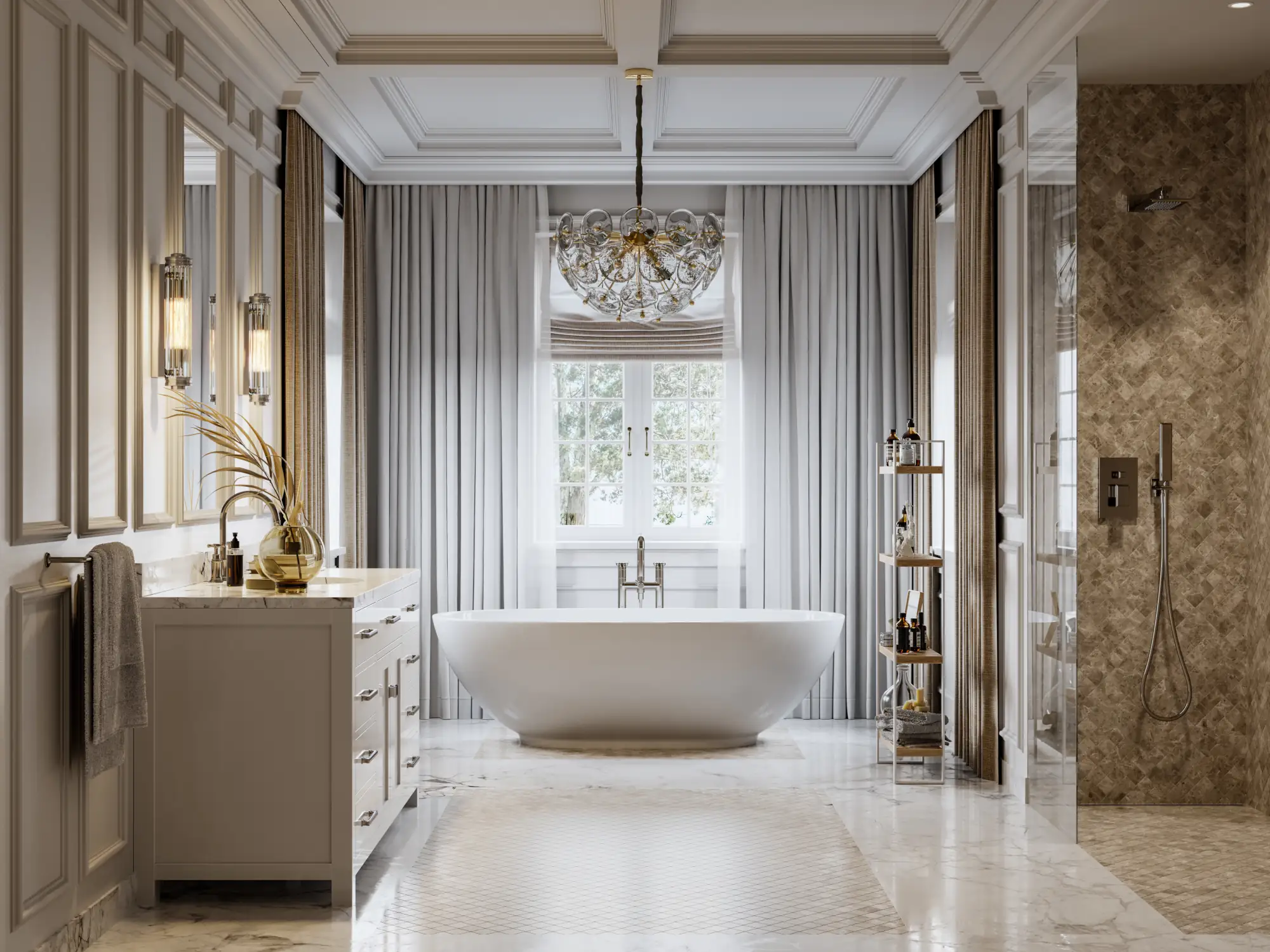 A luxury bathroom features extensive millwork/woodwork trim details, drapery, freestanding bathing tub, custom vanity cabinet and stone countertop in this luxury grade home.